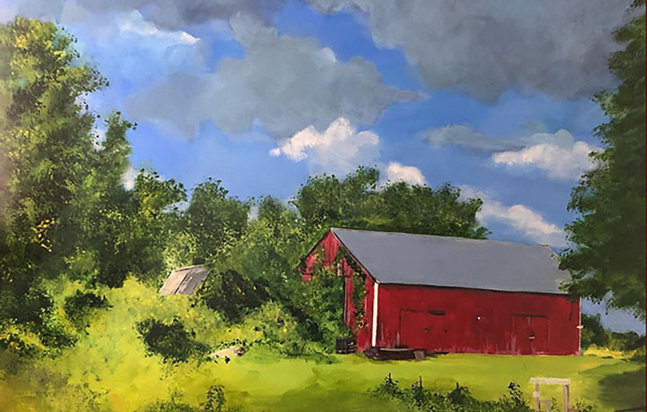 Red Barn with ivy in Sunny Field