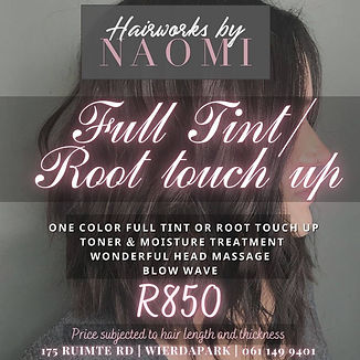 Full tint or root touch-up with toner and blow wave by Hairworks by Naomi.