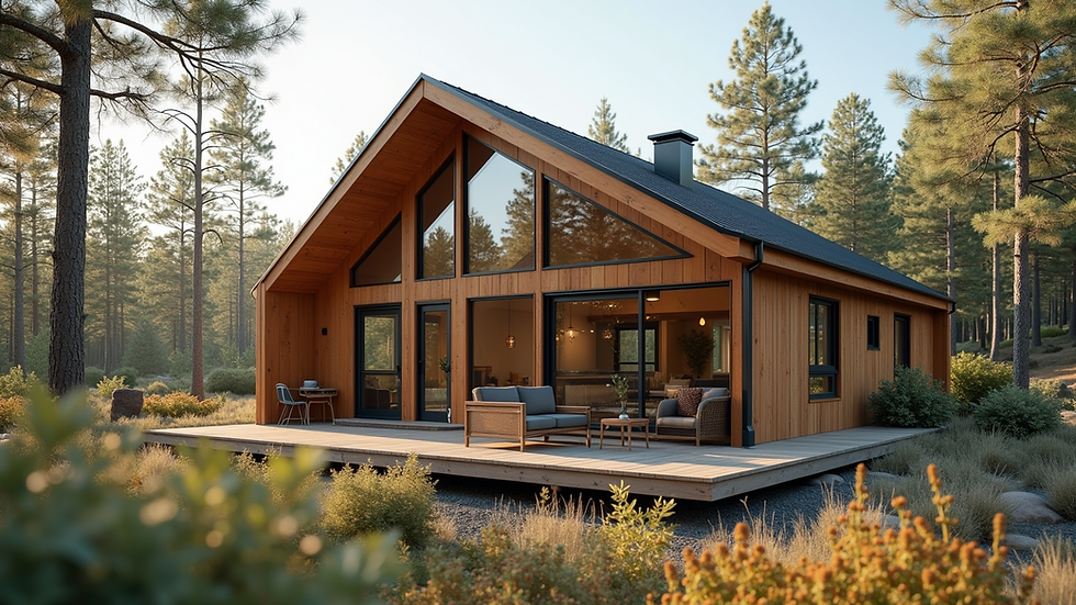 Eye-level view of a modern cabin exterior with large windows and natural wood siding
