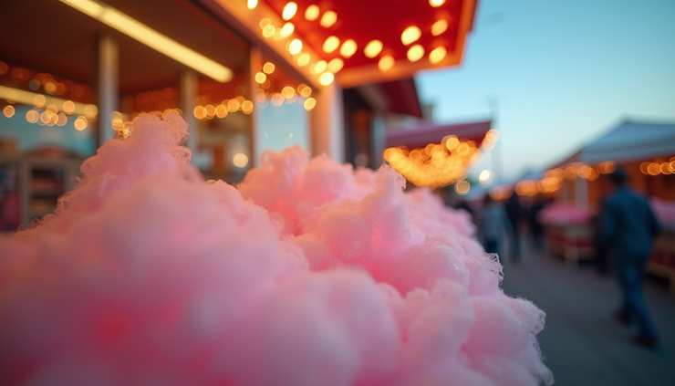 Eye-level view of a colorful cotton candy display with fidget clickers on a wooden table