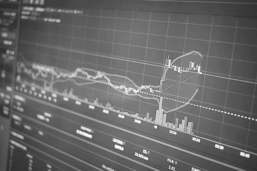 Black-and-white close-up of a computer screen showing a line chart with small bar markers and a bar graph underneath. The line climbs sharply and then levels off. Image for lagging indicators of brand health.
