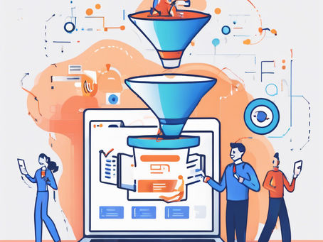 Creative entrepreneur reviewing a sales funnel flowchart with automation steps and emotionally-driven copy on a laptop screen