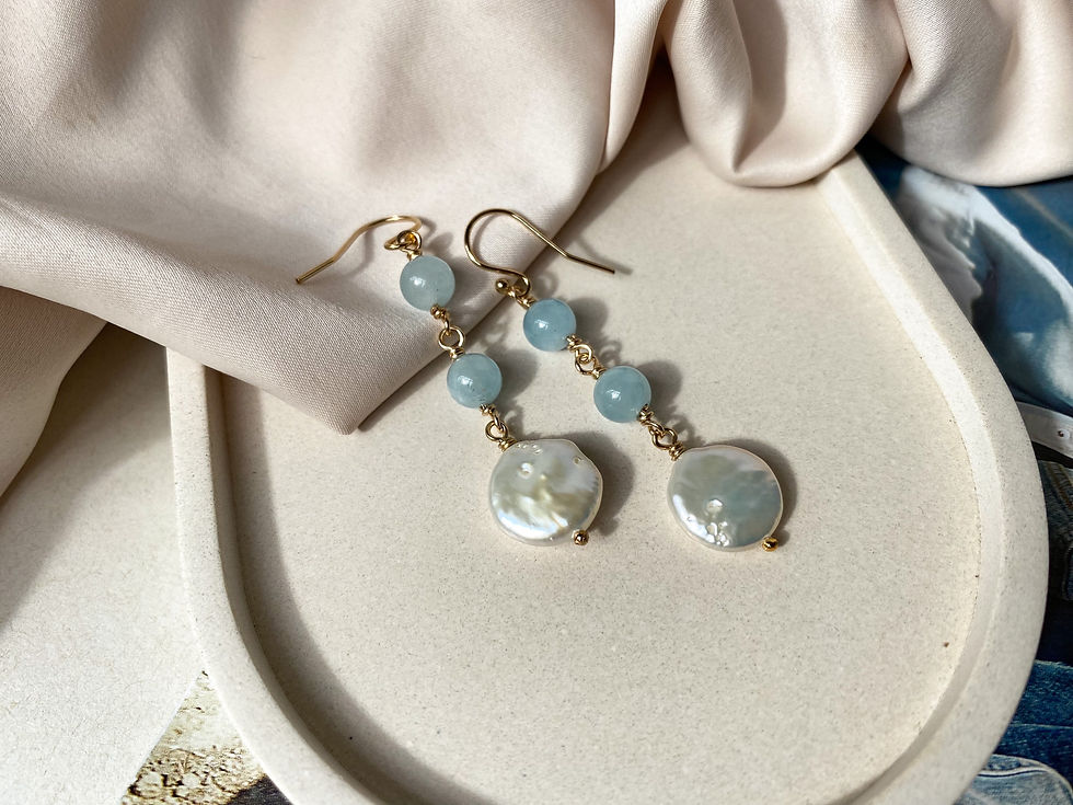 Thumbnail: Довгі сережки з перлинами та аквамарином