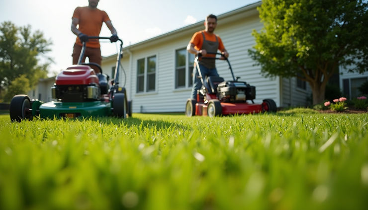 Eye-level view of a landscaping crew mowing a residential lawn