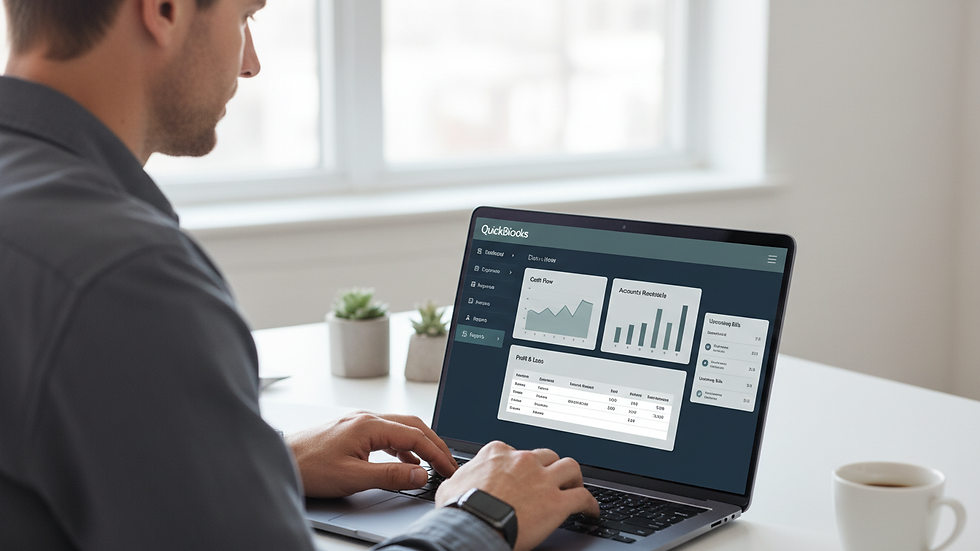 Close-up view of a person working on laptop with QuickBooks open