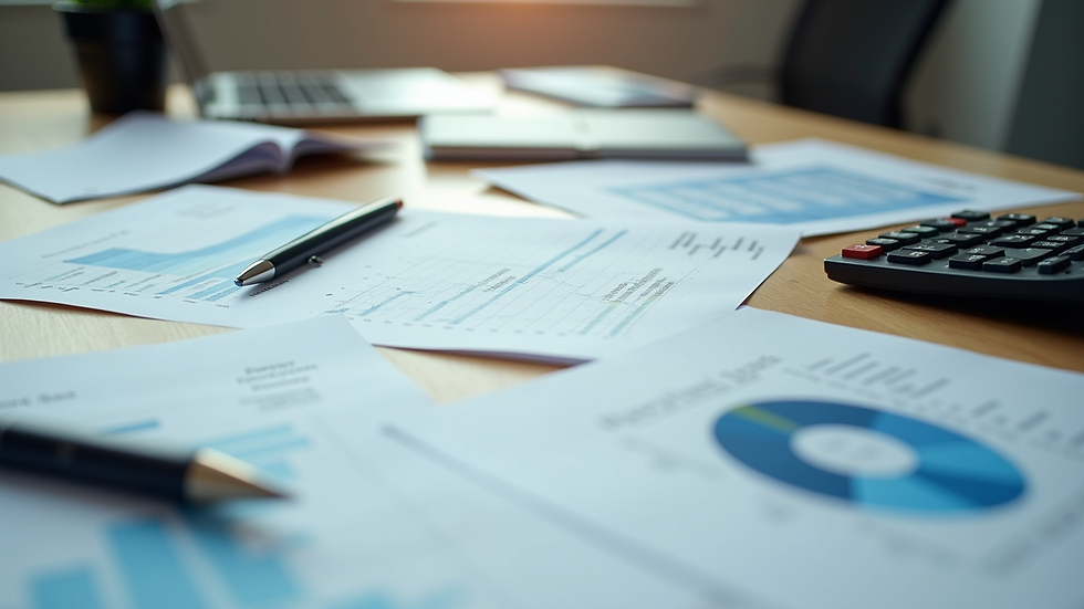 High angle view of a neat workspace with financial reports and a calculator