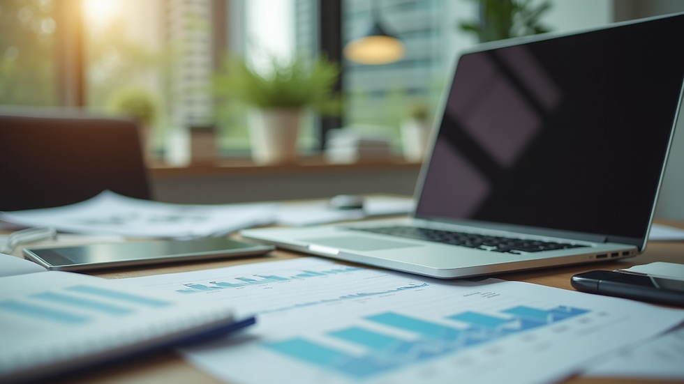Eye-level view of a small business office with a laptop and financial documents