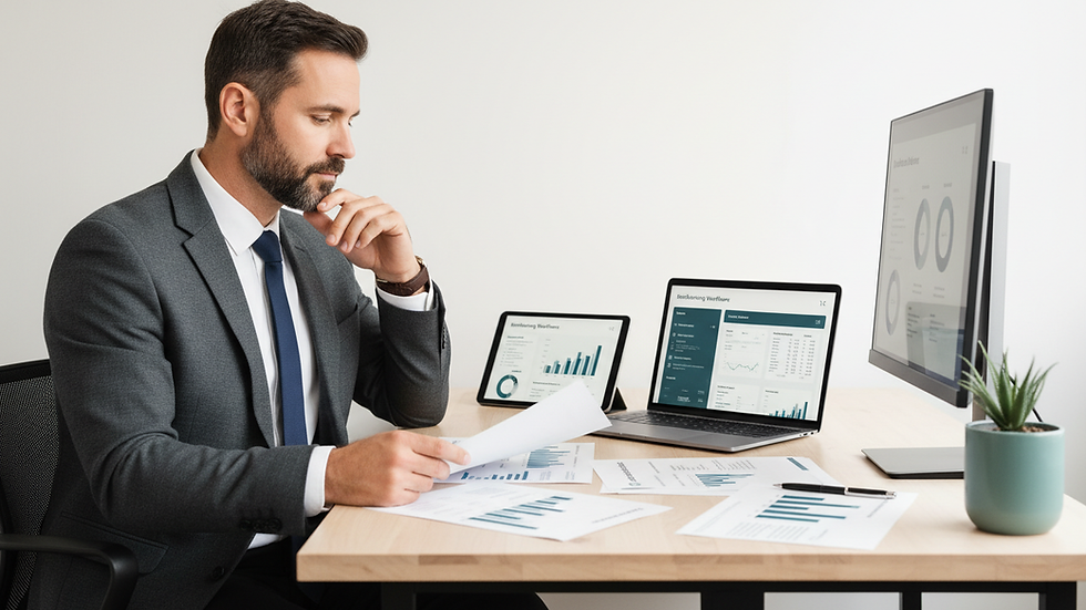 Eye-level view of a business owner reviewing payroll documents at a desk