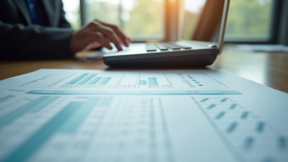 Eye-level view of a neat desk with financial documents and a calculator