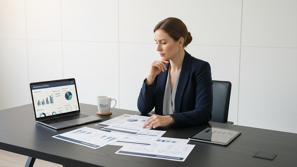 Eye-level view of a business owner reviewing financial documents at a desk