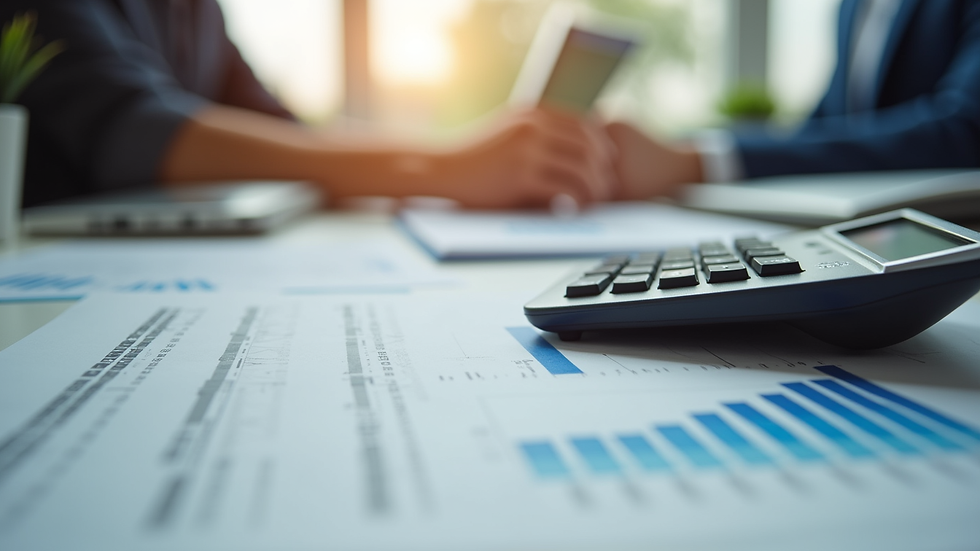 Eye-level view of a neat desk with a calculator and financial documents