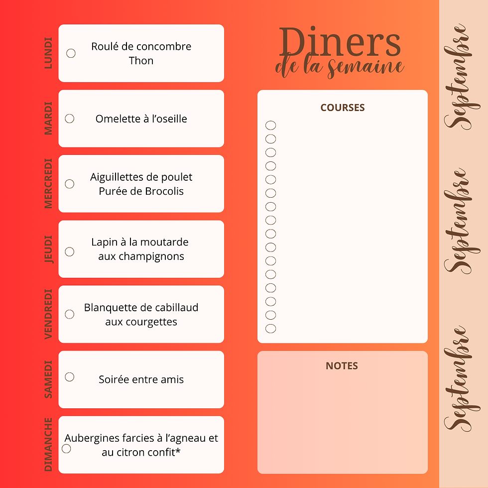 La rentrée en douceur : une deuxième semaine de dîners qui rime avec plaisir et équilibreDes menus variés et gourmands, même en semaine Le secret pour réussir à retrouver la ligne sans frustration est de varier les plaisirs. C'est pourquoi je vous ai concocté un nouveau programme de dîners pour cette deuxième semaine de rentrée, qui continue d'allier équilibre nutritionnel et gourmandise. Voici le planning de vos dîners pour les sept prochains jours : Lundi : Roulé de concombre au thon Mardi : Omelette à l'oseille Mercredi : Aiguillettes de poulet, purée de brocolis Jeudi : Lapin à la moutarde aux champignons Vendredi : Blanquette de cabillaud aux courgettes Samedi : Soirée entre amis ! Pas de pression, le plaisir est aussi un ingrédient de l'équilibre. Dimanche : Aubergines farcies à l'agneau et au citron confit Ce menu démontre que l'on peut consommer des plats délicieux et réconfortants tout en respectant ses objectifs. Chaque dîner est une occasion de se faire plaisir tout en nourrissant son corps de manière optimale.