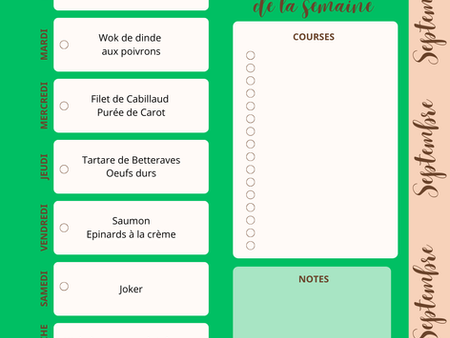 Dîners de la semaine de septembre. Planning de menus équilibrés et sains pour la rentrée, incluant côte de porc, wok de dinde, filet de cabillaud, tartare de betteraves et saumon. Idéal pour une perte de poids durable sans privation.