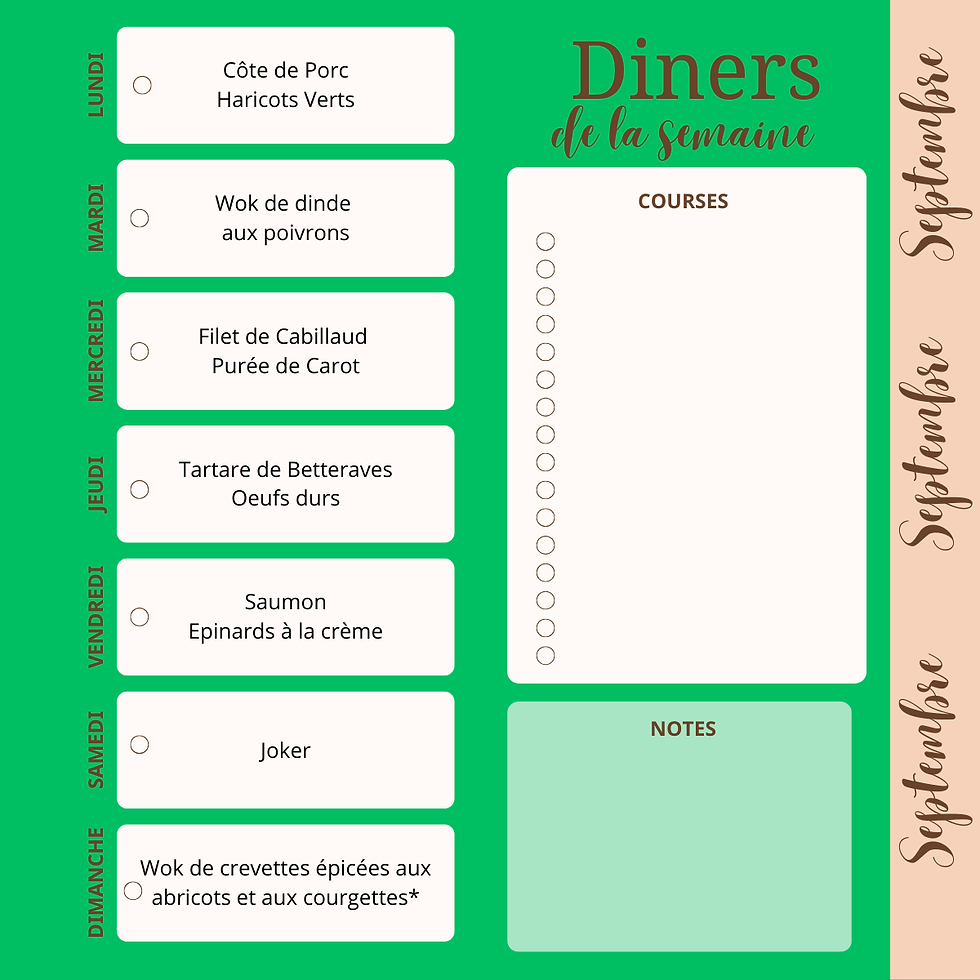 Dîners de la semaine de septembre. Planning de menus équilibrés et sains pour la rentrée, incluant côte de porc, wok de dinde, filet de cabillaud, tartare de betteraves et saumon. Idéal pour une perte de poids durable sans privation.