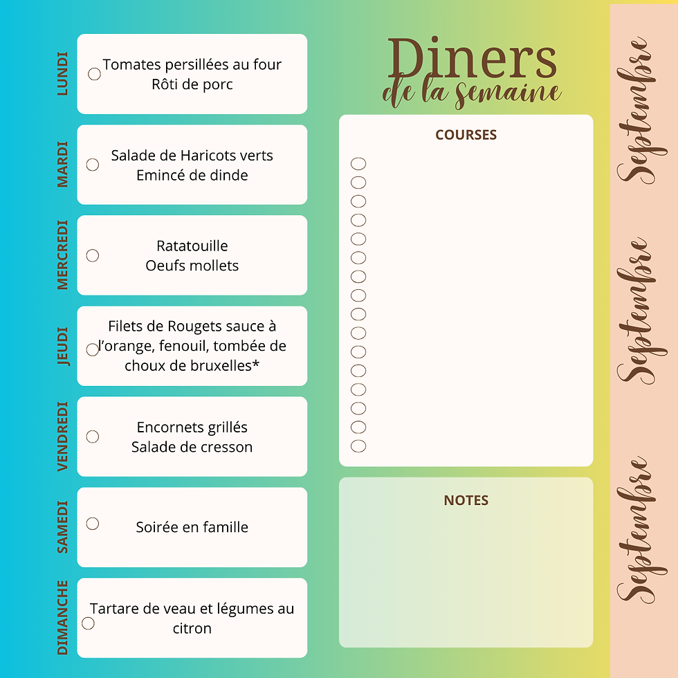 Menu des dîners pour la 3ème semaine de septembre, avec des plats équilibrés de saison : tomates persillées au four et rôti de porc, salade de haricots verts, ratatouille, filets de rougets, encornets grillés, et tartare de veau.