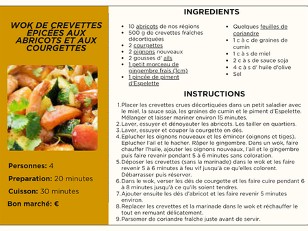 Wok de crevettes épicées aux abricots et aux courgettesWok de crevettes épicées aux abricots et aux courgettes Voici une recette de diner à la fois rapide, saine et pleine de saveurs. En seulement 30 minutes de cuisson, vous obtiendrez un plat équilibré et gourmand qui met en valeur des produits de saison. Bon appétit!