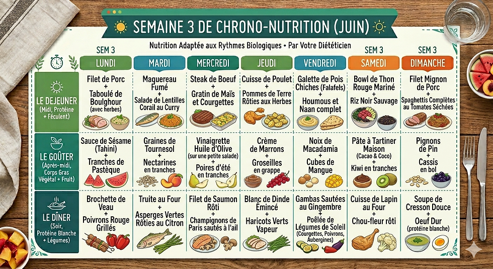 "Explorez de nouvelles saveurs avec la semaine 3 de menus de chrono-nutrition de juin. Des repas variés et bienveillants adaptés à vos rythmes biologiques.
