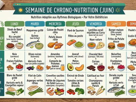 "Tableau de menus de chrono-nutrition pour une semaine en juin, incluant déjeuner protéiné, goûter aux oléagineux et dîner léger de saison."