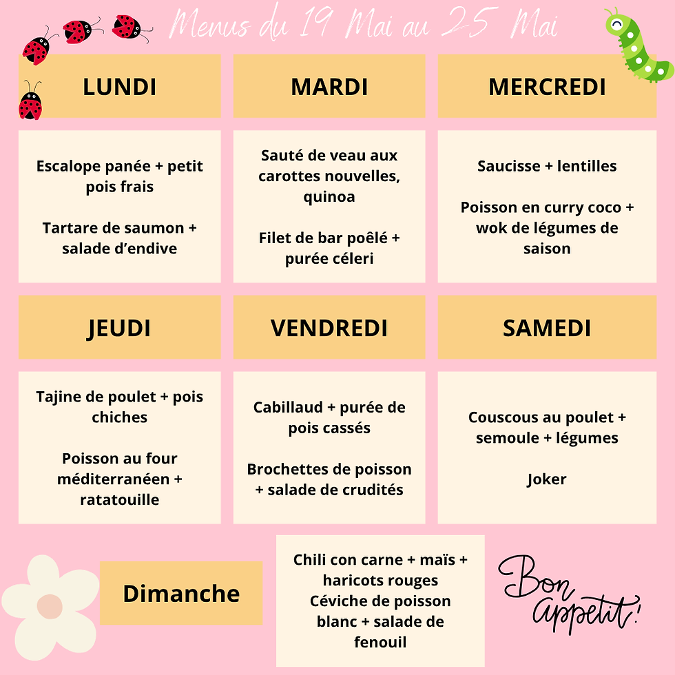 Couleurs, saveurs et bien-être au menuLe mois de mai continue de nous offrir une belle diversité de produits frais. Pour cette nouvelle semaine, j’ai concocté des menus qui allient variété, simplicité ... de quoi allier nutrition et plaisir gustatif. Une semaine idéale pour rester en forme tout en vous régalant sans frustration !