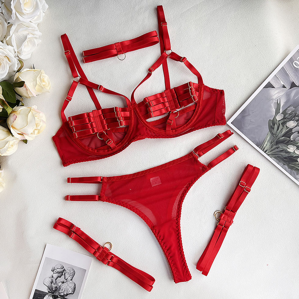 Thumbnail: Red lace lingerie set: bra, panties, garter