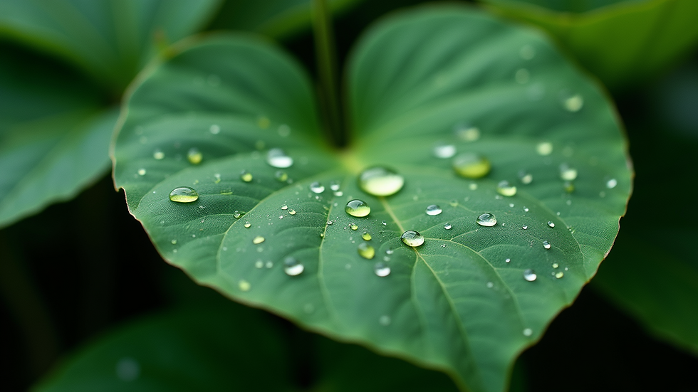High angle view of a vibrant green leaf surrounded by drops of water