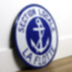 Vintage La Flotte Enamel Chapter Plate, Angled View Showing Convex form and porcelain enamel shelving 