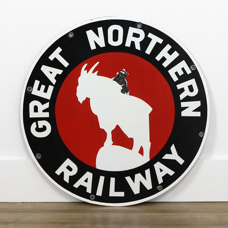 1940s Great Northern Railway vintage porcelain sign - Rocky mountain goat logo American railroad memorabilia - Robert Smith Studios collection