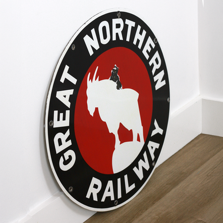 Great Northern Railway sign showing authentic 1940s porcelain construction - American railroad advertising vintage - Robert Smith Studios