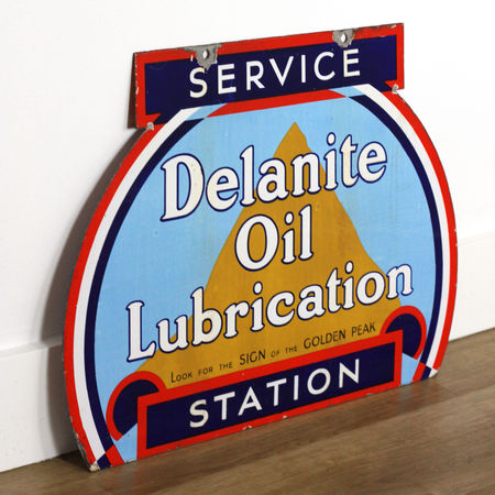 Delanite Oil Lubrication sign showing original porcelain construction and mounting hardware - 1930s petroleum advertising mystery brand - Robert Smith Studios