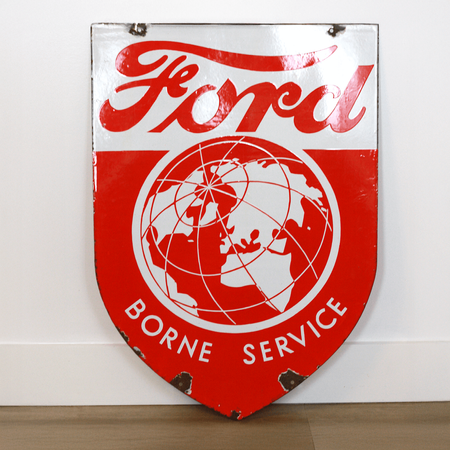 Vintage Ford Borne Service shield sign with world globe - 1950s French porcelain enamel automotive service - Robert Smith Studios collection
