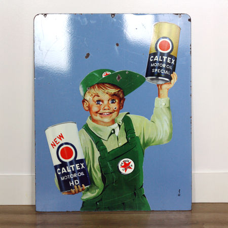 Vintage 1950s Caltex boy service station sign - authentic porcelain enamel petroleum advertising - Robert Smith Studios collection