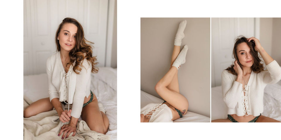 cream beige sweater / boudoir pose sitting kneeling on a bed and legs up on wall during knoxville boudoir photo session / knoxville bridal boudoir photography / photo by knoxville boudoir photographer rosewood boudoir / see more at rosewoodboudoir.com