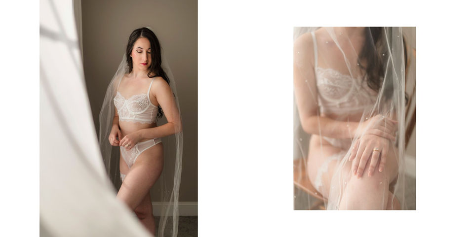 white vintage lace lingerie with a veil / boudoir pose by window wrapped in a veil during knoxville boudoir photo session / knoxville bridal boudoir photography / photo by knoxville boudoir photographer rosewood boudoir / see more at rosewoodboudoir.com