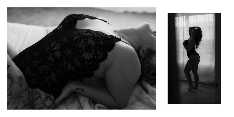 black lace lingerie teddy bodysuit / black and white detail and silhouette boudoir pose laying on a bed during knoxville boudoir photo session / knoxville bridal boudoir photography / photo by knoxville boudoir photographer rosewood boudoir / see more at rosewoodboudoir.com