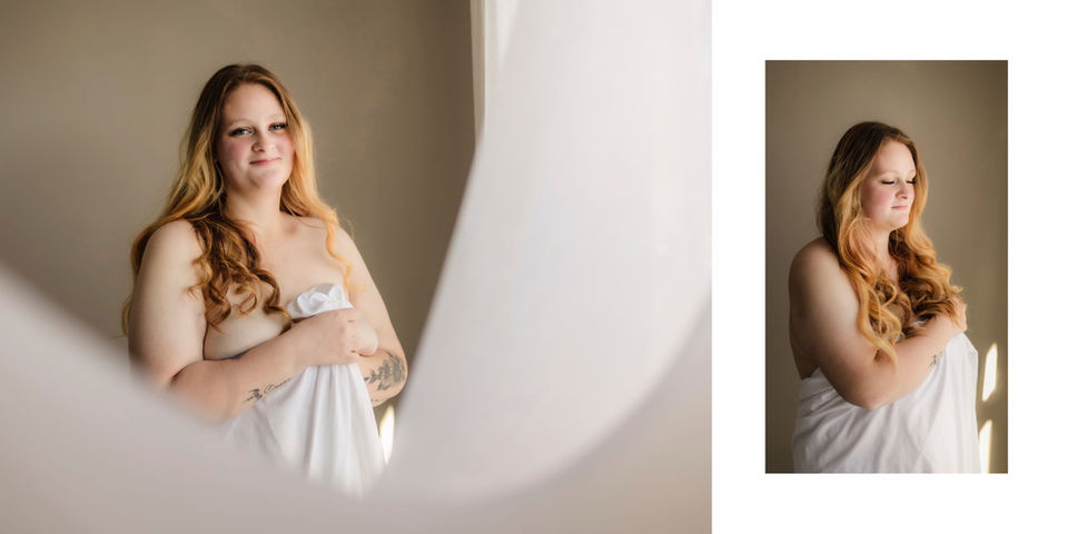 white bedsheet / boudoir pose standing by window wrapped in a white sheet during knoxville boudoir photo session / knoxville plus size bridal boudoir photography / photo by knoxville boudoir photographer rosewood boudoir / see more at rosewoodboudoir.com