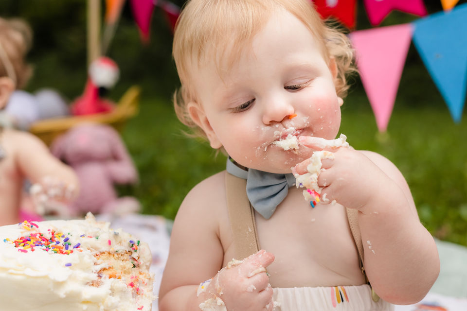 1 year cake smash colorful theme during milestone photo session / photo by Knoxville maternity and newborn photographer Wood Shutter Photography