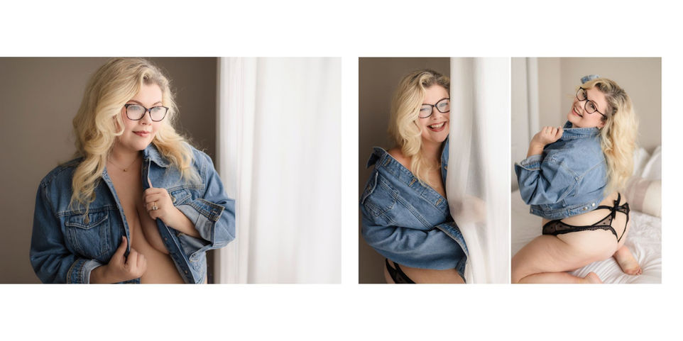black lingerie and blue jean denim jacket / boudoir pose standing by window and kneeling on a bed during knoxville boudoir photo session / knoxville plus size bridal boudoir photography / photo by knoxville boudoir photographer rosewood boudoir / see more at rosewoodboudoir.com