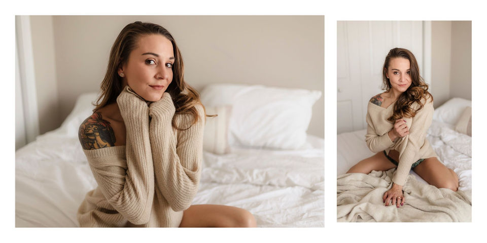 cream beige sweater / boudoir pose sitting kneeling on a bed during knoxville boudoir photo session / knoxville bridal boudoir photography / photo by knoxville boudoir photographer rosewood boudoir / see more at rosewoodboudoir.com
