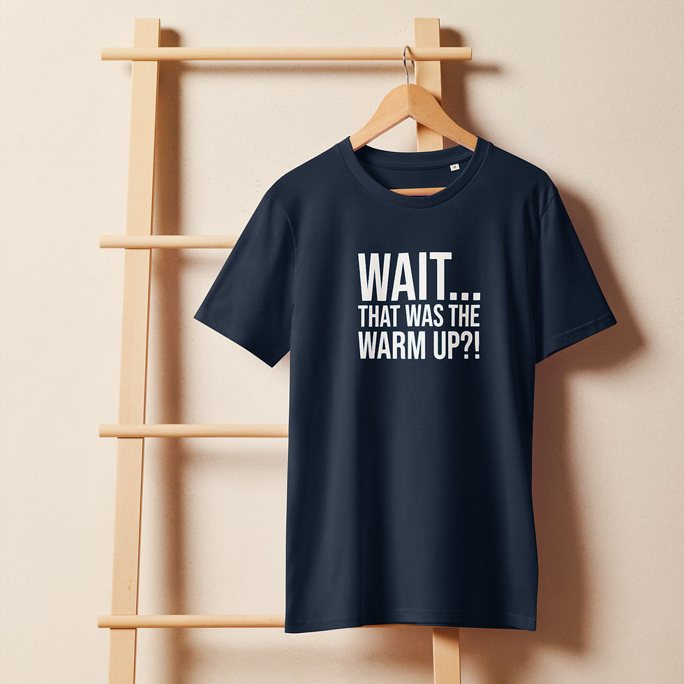 Thumbnail: WAIT… THAT WAS THE WARM UP?! Funny Gym Workout T-Shirt – Unisex Organic T-shirt