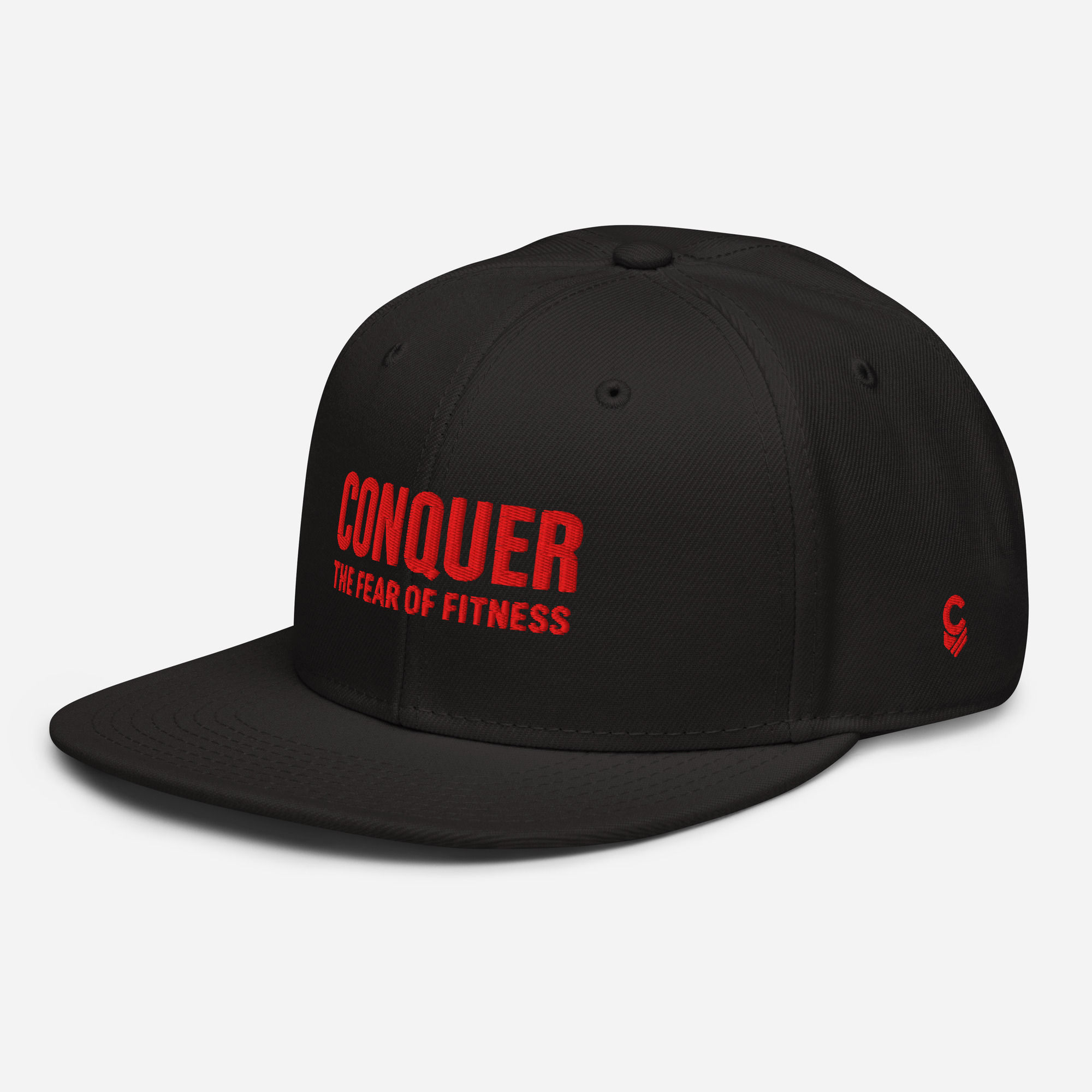Conquer Snapback Hat – Embroidered Black & Red Flat Bill Cap 