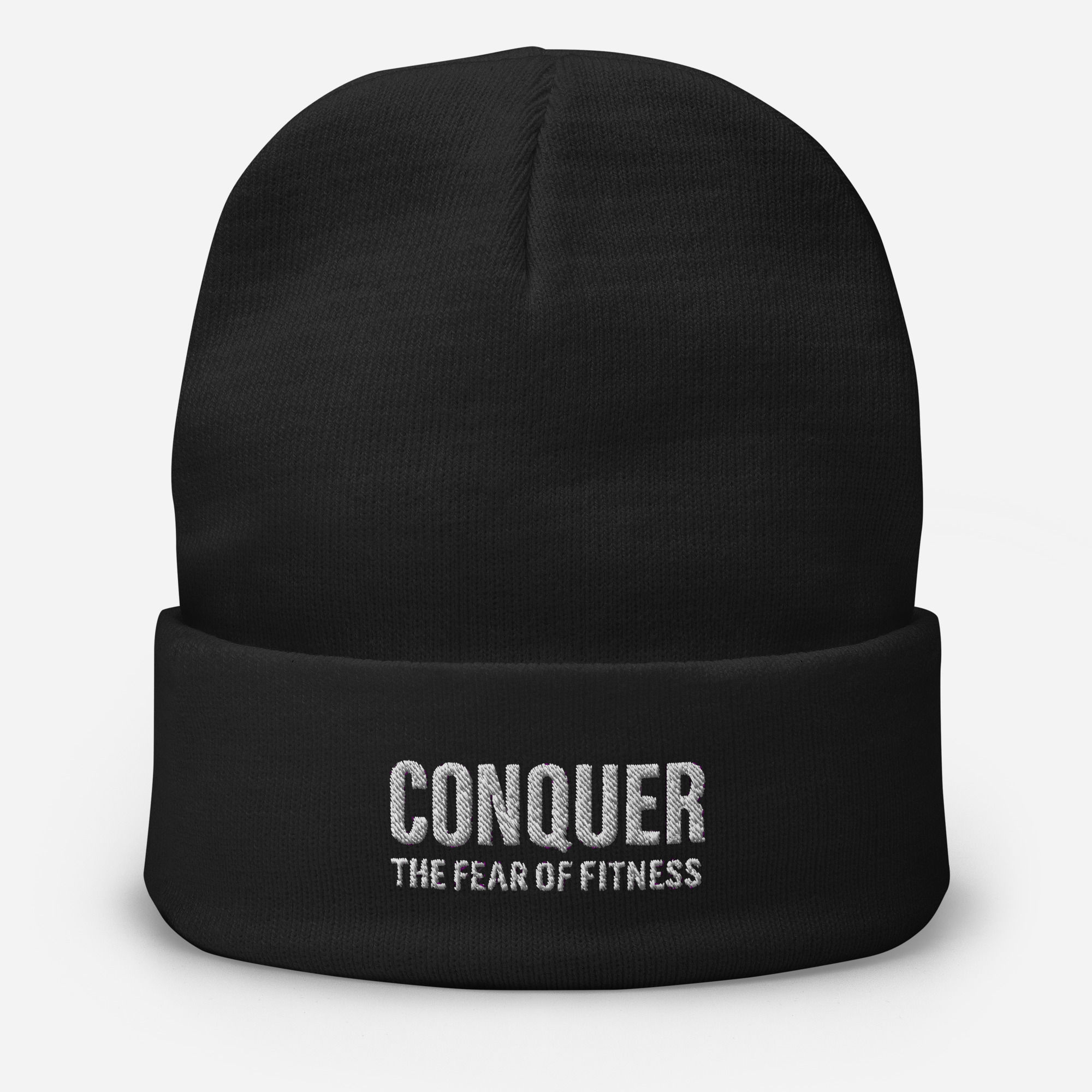 Conquer Fitness Knit Beanie – Embroidered Cuffed Hat | “The Fear of Fitness”