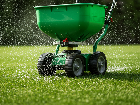 A machine fertilizing a lawn
