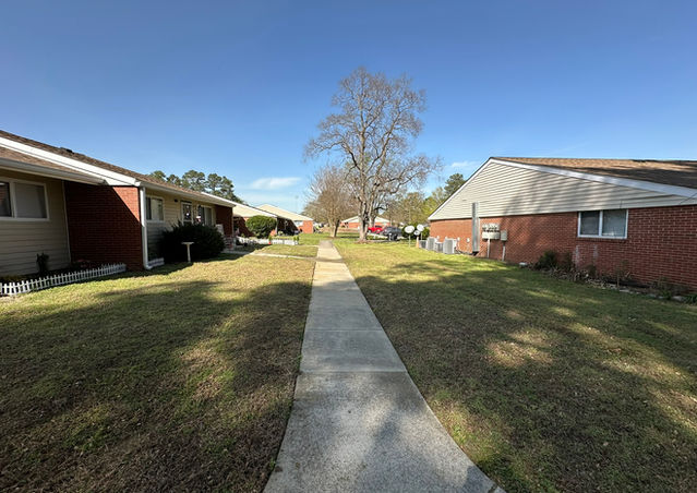 A green lawn with a sidewalk in the middle and two houses on the side 