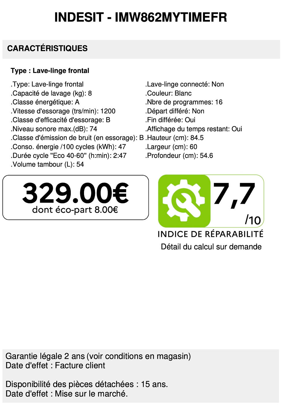 Miniature : INDESIT - IMW862MYTIMEFR (8kg)