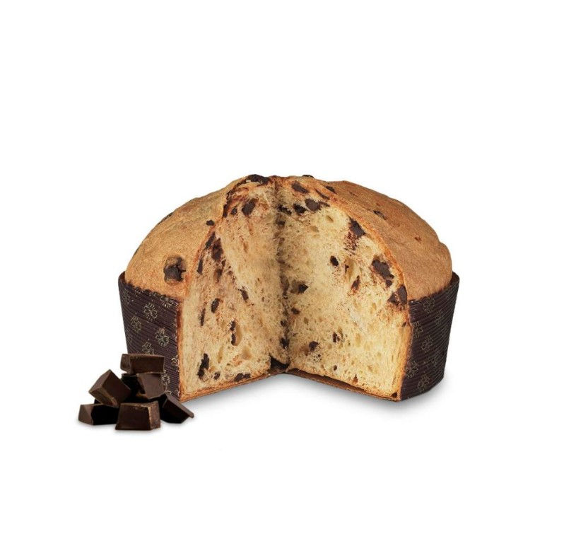 Panettone Vegan, à base d’huile d’olive extra-vierge et de cubes de chocolat.