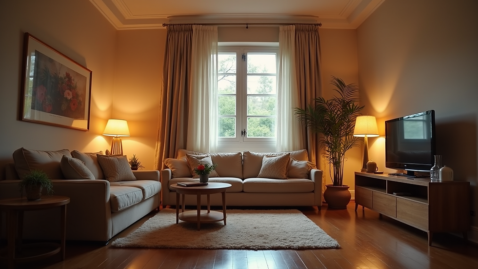 Eye-level view of a cozy living room with comfortable furniture and warm lighting