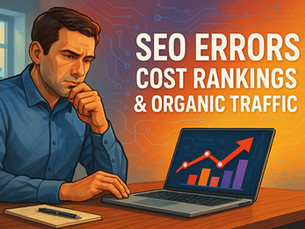 Infographic presenting the 7 critical SEO mistakes that harm search rankings: keyword issues, poorly structured content, technical blockages, low-quality backlinks, and lack of performance analysis.