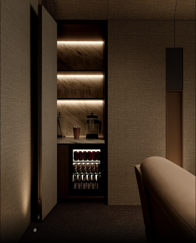 Open view of custom hideable bar counter in luxury home theater, seamlessly integrated into light br