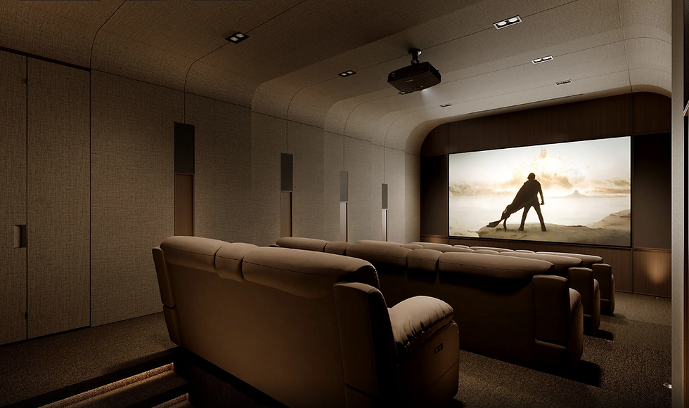 Rear view of light brown luxury recliners in a high-end home theater with projector and large 4K scr
