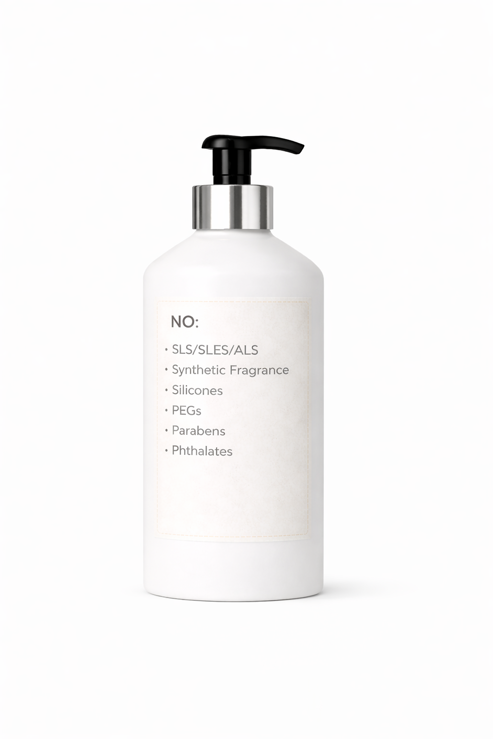 White pump bottle on a clean light background with a list of avoided ingredients